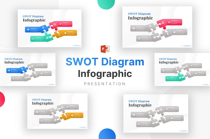 优势对标、拼图效果SWOT商业战略分析与竞争地位信息图形PPT模板 - 乐喵办公