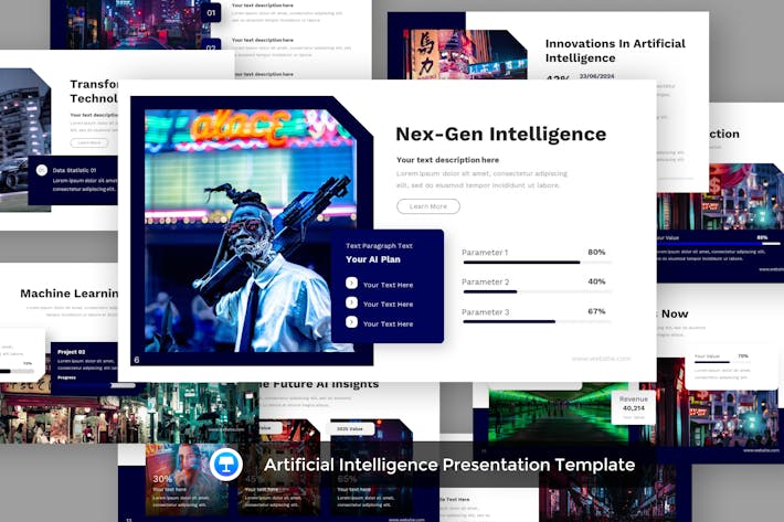 AIGC创意视觉、AI人工智能图像生成算法与艺术创作演示Keynote模板 - 乐喵办公