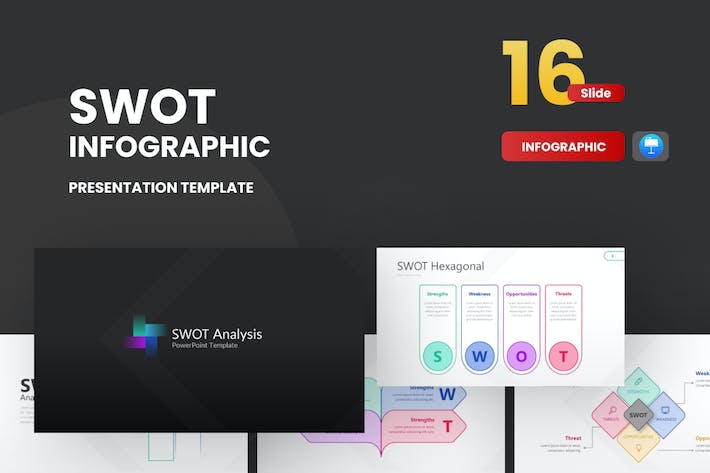 竞争态势矩阵、创意彩色线条风格SWOT战略分析信息图形Keynote模板 - 乐喵办公