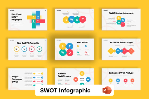 创意多彩四象限SWOT分析模型与核心策略建议PPT模板 - 乐喵办公