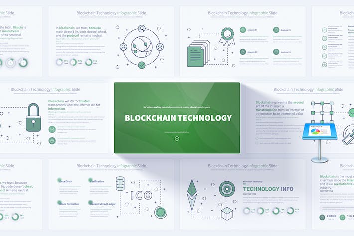 分布式账本技术架构、区块链核心算法演示与加密安全逻辑图形Keynote模板 - 乐喵办公