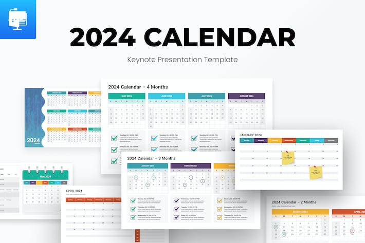 视觉创意彩色多样式2024新年日历设计与年度目标规划Keynote模板 - 乐喵办公
