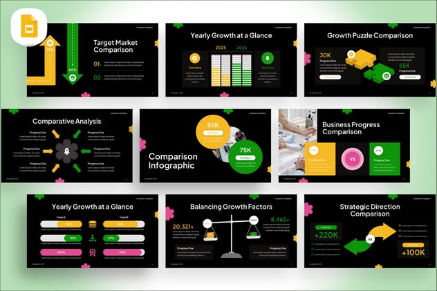 创意黄绿配色数据对比信息图形PPT模板 - 乐喵办公