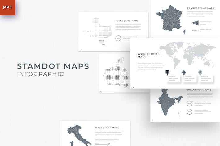 创意图章视觉风格全球业务地图、区域市场渗透率分布演示Powerpoint Template - 乐喵办公