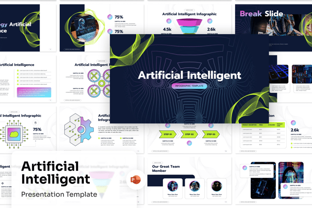 未来技术图谱、人工智能(AI)核心技术应用逻辑信息图形PPT模板 - 乐喵办公