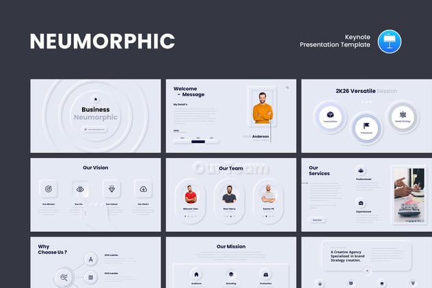高端新拟态(Neumorphism)风格企业简介与品牌形象推介Keynote模板 - 乐喵办公
